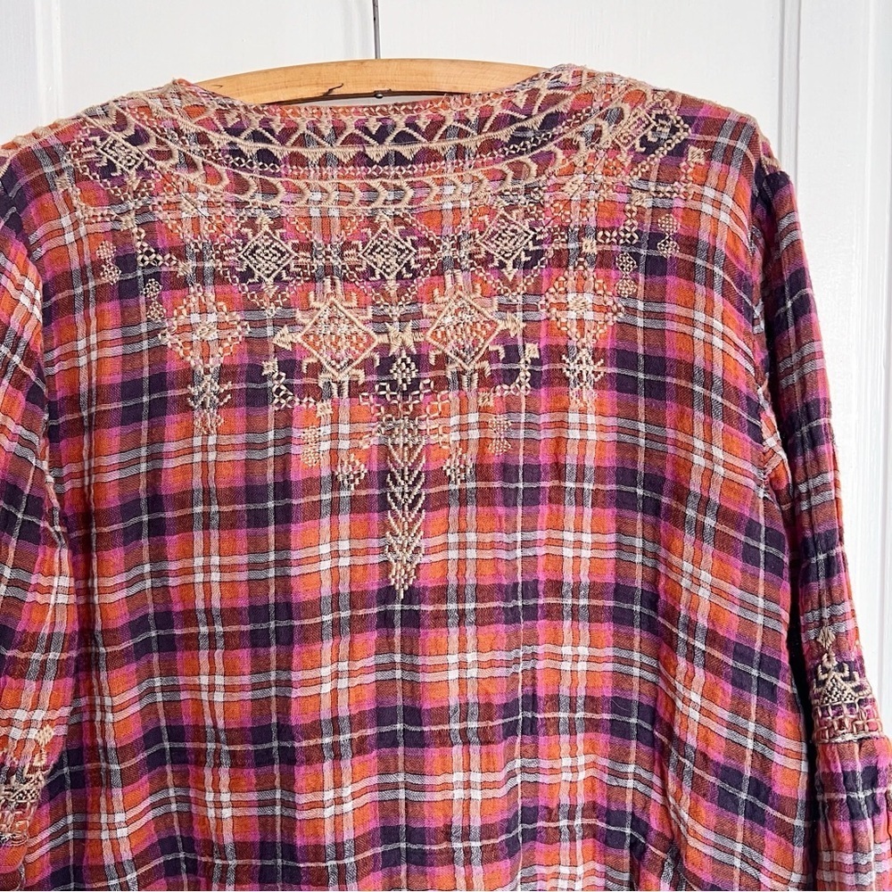 Johnny Was Red Plaid Embroidered Peasant Blouse - Picture 12 of 13